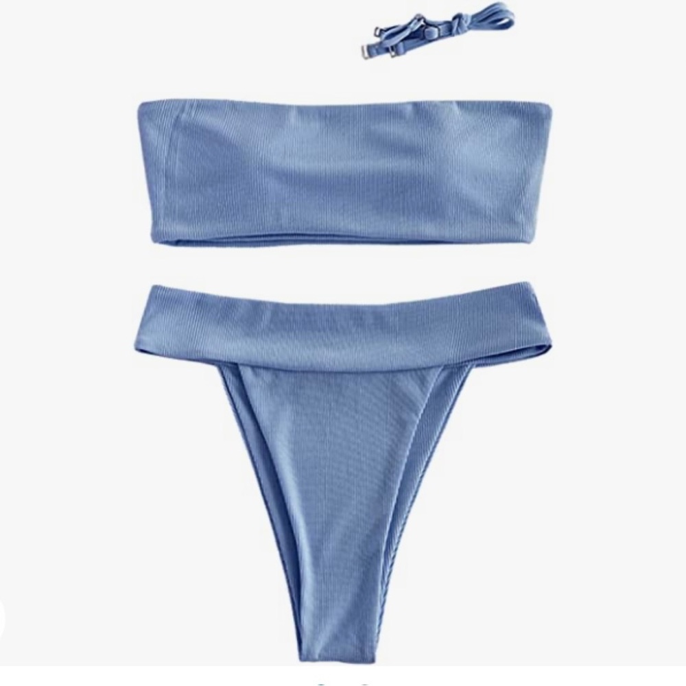 Women Strapless Ribbed High Cut Bandeau Bikini Set